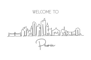 Tek bir çizgi Peoria şehrinin siluetini çiziyor, Illinois. Dünya tarihi şehir manzarası posteri. En iyi tatil yeri kartpostalı. Düzenlenebilir vuruş eğilimi sürekli çizgi çizim vektör çizimi illüstrasyonuName