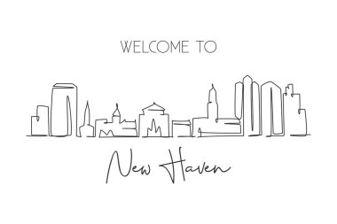 Tek bir çizgi New Haven şehrinin siluetini çiziyor, Connecticut. Dünya tarihi şehir manzarası. En iyi tatil yeri kartpostalı. Düzenlenebilir vuruş eğilimi sürekli çizgi çizim vektör çizimi illüstrasyonuName