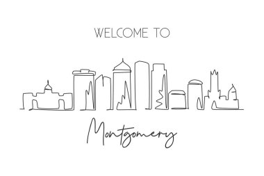Montgomery City Skyline, Alabama 'nın kesintisiz bir çizimi. Güzel dönüm noktası. Dünya manzara turizmi duvar dekorasyonu poster sanatı, kartpostal. Tek çizgi çizimi tasarım vektörü illüstrasyonu