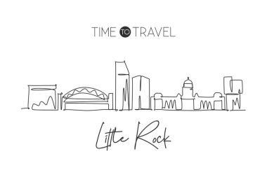 Little Rock şehrinin ufuk çizgisini çizen tek bir çizgi, Arkansas. Dünya tarihi şehir manzarası. En iyi tatil yeri kartpostalı. Düzenlenebilir vuruş eğilimi sürekli çizgi çizim vektör çizimi illüstrasyonuName