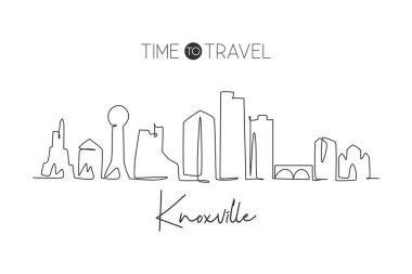Tennessee, Knoxville şehrinin siluetinin aralıksız çizimleri. Güzel dönüm noktası. Dünya peyzaj turizmi ev dekorasyonu poster baskısı yapıyor. Tek çizgi çizimi tasarım vektörü illüstrasyonu