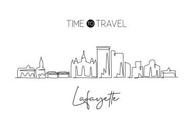 Lafayette Skyline, Louisiana 'nın aralıksız çizimi. Ünlü şehir kazıyıcı peyzaj. Dünya seyahati duvar dekorasyonu poster baskısı konsepti. Modern bir çizgi çizimi tasarım vektörü çizimi