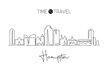 Hampton Skyline, Virginia 'nın kesintisiz tek çizgi çizimi. Ünlü şehir kazıyıcı peyzaj. Dünya seyahati duvar dekorasyonu poster baskısı konsepti. Modern bir çizgi çizimi tasarım vektörü çizimi