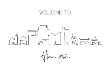 Tek bir çizgi Hampton şehrinin siluetini çiziyor, Virginia. Dünya tarihi şehir manzarası. En iyi tatil yeri kartpostal baskısı. Düzenlenebilir vuruş eğilimi sürekli çizgi çizim vektör çizimi illüstrasyonuName