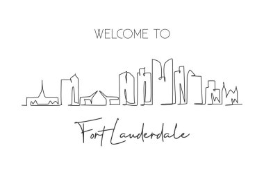 Fort Lauderdale silueti, Florida. Ünlü şehir kazıyıcı peyzaj. Dünya seyahati duvar dekorasyonu poster baskısı konsepti. Modern bir çizgi çizimi tasarım vektörü çizimi