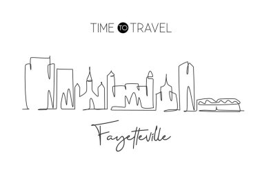 Tek bir hat Kuzey Carolina 'daki Fayetteville şehrinin siluetini ziyaret ediyor. Dünya güzeli şehir manzarası. En iyi tatil yeri. Düzenlenebilir vuruş eğilimi sürekli çizgi çizim vektör çizimi illüstrasyonuName