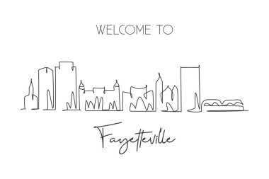 Kuzey Carolina 'daki Fayetteville siluetinin aralıksız çizimi. Ünlü şehir kazıyıcı peyzaj. Dünya seyahati duvar dekorasyonu poster baskısı konsepti. Modern bir çizgi çizimi tasarım vektörü çizimi