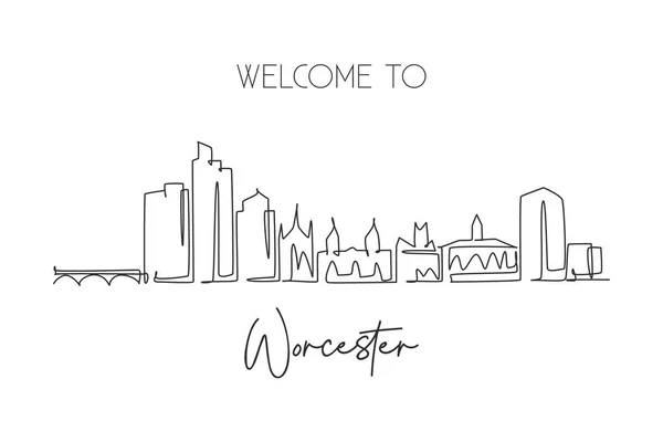 One Single Line Drawing Worcester City Skyline Massachusetts World Historical — Stock Vector