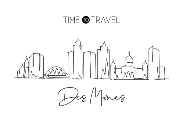 Enkele Continue Lijn Tekening Van Des Moines Stad Skyline Iowa — Stockvector