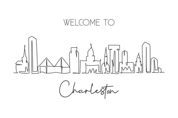 Une Seule Ligne Dessinant Charleston Ville Skyline Caroline Sud Paysage — Image vectorielle