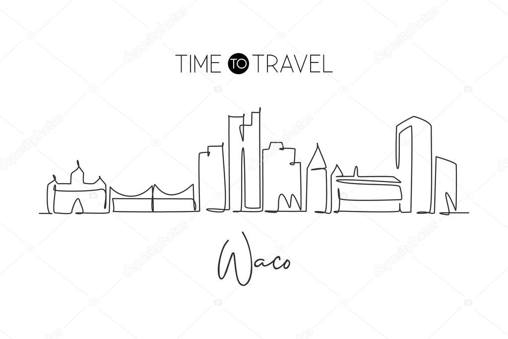 Single continuous line drawing of Waco skyline, Texas. Famous city scraper landscape. World travel home wall decor art poster print concept. Modern one line draw design vector graphic illustration