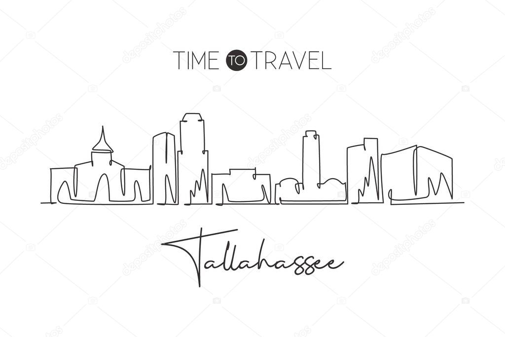 Single continuous line drawing of Tallahassee skyline, Florida. Famous city scraper landscape. World travel home wall decor art poster print concept. Modern one line draw design vector illustration