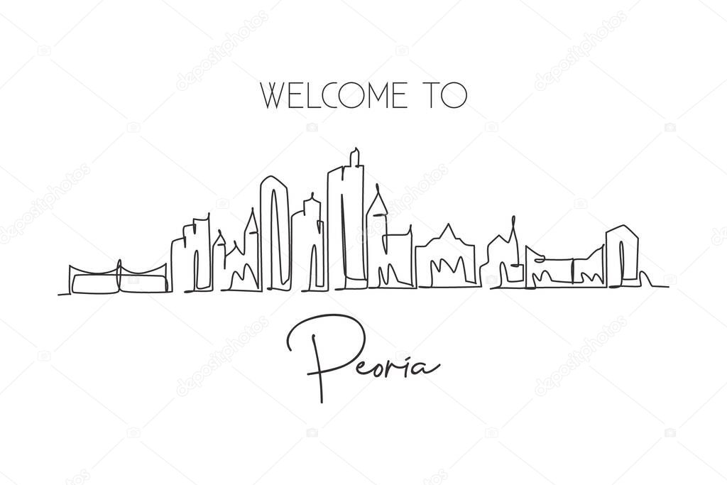 One single line drawing Peoria city skyline, Illinois. World historical town landscape poster. Best holiday destination postcard. Editable stroke trendy continuous line draw design vector illustration