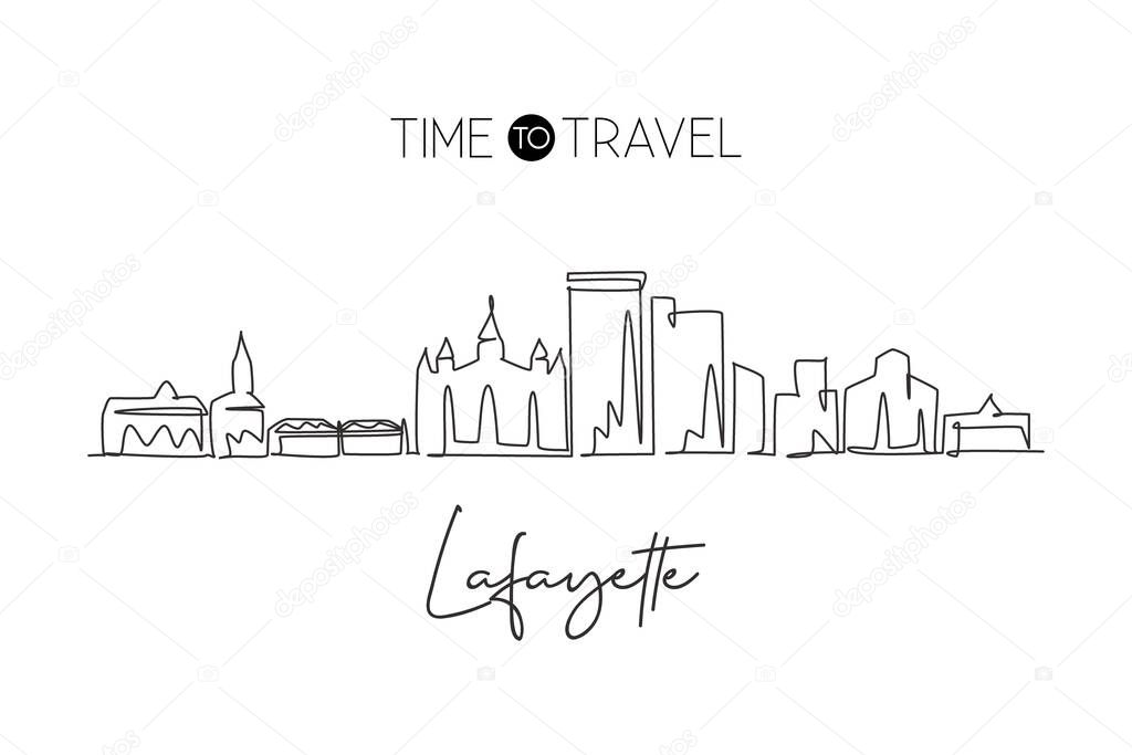 Single continuous line drawing of Lafayette skyline, Louisiana. Famous city scraper landscape. World travel home wall decor art poster print concept. Modern one line draw design vector illustration