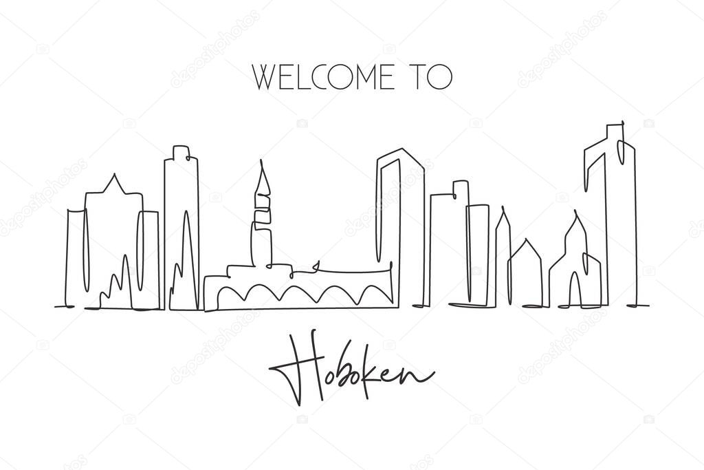 Single continuous line drawing Hoboken city skyline, New Jersey. Famous city scraper landscape. World travel home wall decor art poster print concept. Modern one line draw design vector illustration