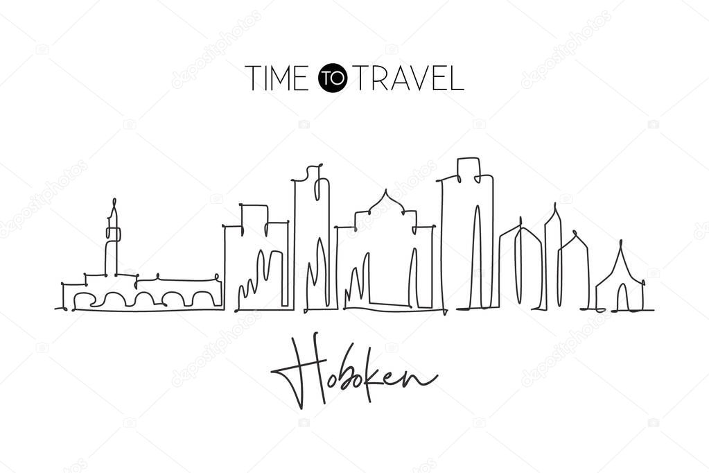 One single line drawing visit Hoboken city skyline, New Jersey. World beauty town landscape. Best holiday destination. Editable stroke trendy continuous line graphic draw design vector illustration