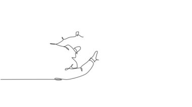 İş adamlarının iş ortağıyla tokalaşırken çekilmiş tek bir çizginin animasyonu. Harika bir takım çalışması. İş anlaşması konsepti sürekli çizgi çekme stili. Tam uzunluktaki canlandırma canlandırması.