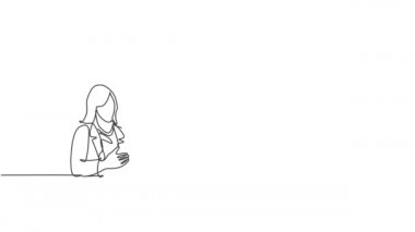 Tek bir çizginin kendi kendine çizimi iş kadını ve iş adamını iş ortaklarıyla tokalaştırıyor. Harika bir takım çalışması. İş anlaşması konsepti sürekli çizgi çekme stili. Tam uzunluk canlandırması.