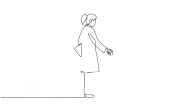 Hastanedeki tekerlekli sandalyeli hastayı ziyaret eden ve el sıkışan genç bir kadın doktorun çiziminin animasyonu. Sürekli kendini çizen çizgi çizimi. Tam uzunluk hareketi.