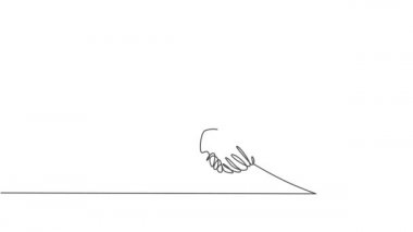 Sürekli kendini çizen animasyon genç doktoru laboratuvarda test yaptıktan sonra hastayla tokalaştırıyor. Sağlık hizmeti tıbbi kontrol konsepti. Tam uzunluktaki bir çizgi canlandırması