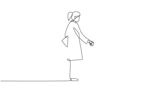 Animáció egy vonalrajzon fiatal női orvosról, aki meglátogatja és kézfogdossa a beteget tolószékkel a kórházban. Folyamatos vonal önrajz animált illusztráció. Teljes hosszúságú mozgás.