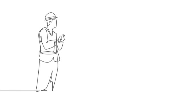 Анимация Рисунка Одной Линии Молодой Деловой Женщины Архитектора Жилете Шлеме — стоковое видео
