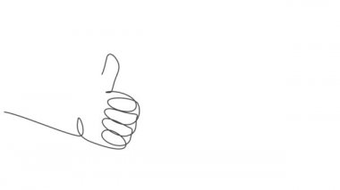 Bir çizgi çizilmiş, baş parmaklı el hareketlerinin canlandırması. İş sektörü sembol kavramında iyi hizmet mükemmelliği. Sürekli kendini çizen çizgi animasyonu. Tam uzunluk hareketi.