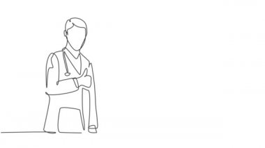 Hizmet mükemmelliği sembolü olarak baş parmak hareketi yapan doktor gruplarının bir çizgi çizimi. Tıbbi ekip çalışması konsepti. Sürekli kendini çizen çizgi animasyonu. Tam uzunluk hareketi.