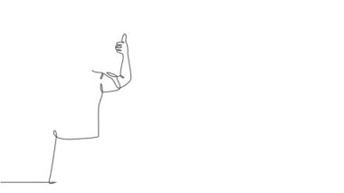 Teslimatçının bir çizgi çizimi müşteriye paketleri kaldırırken başparmak işareti veriyor. Teslimat işi konsepti. Sürekli kendini çizen çizgi animasyonu. Tam uzunluk hareketi.