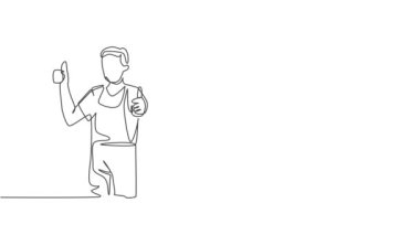 Grup erkek ve kadın hademe gruplarının bir çizgi çizimi baş parmak hareketi yapıyor. Temizlik servisi takım çalışması konsepti. Sürekli kendini çizen çizgi animasyonu. Tam uzunluk hareketi.