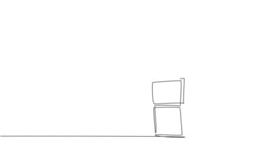 Teslimatçı çiziminin animasyonu, el arabasıyla paket taşırken olumlu bir jest yapıyor. Teslimat hizmeti konsepti. Sürekli kendini çizen çizgi animasyonu. Tam uzunluk hareketi.