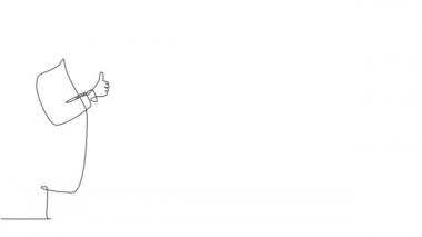 Tek çizgili animasyon, kağıt tutarken ayakta duran ve baş parmak işareti yapan bir iş adamını kendine çekiyor. İş sunumu konsepti. Devamlı çizgi çekme. Tam uzunluk canlandırması.