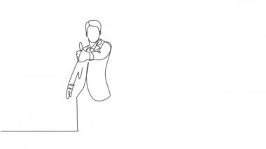 Tek bir çizginin kendi kendine çizimi, takım elbiseli genç işadamlarının başparmak hareketi yapmasını sağlıyor. İş sahibi takım çalışması konseptini dağıtıyor. Devamlı çizgi çekme. Tam uzunluk canlandırması.