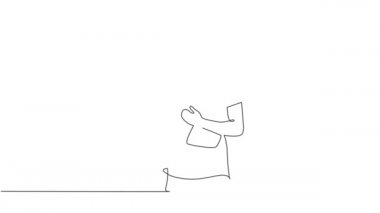 Tek satırın kendi kendine çizimi, çalışırken kulaklık takan ve pano taşıyan genç saha proje yöneticisini kendine çekiyor. Saha müdürü iş hayatı konsepti. Devamlı çizgi çekme. Tam uzunluk canlandırması