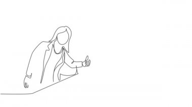 Tek sıra halinde kendi kendine çizim yapan iş adamları ve iş kadınlarından oluşan bir grup ayağa kalktı ve başparmak işareti yaptı. İş toplantısı konsepti. Devamlı çizgi çekme. Tam uzunluk canlandırması.