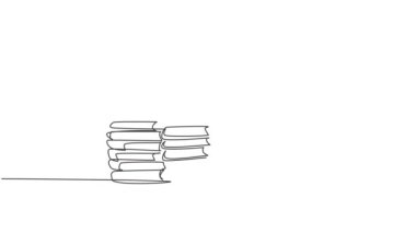Bir çizgi halinde, erkek öğrencinin kitap yığınına baş parmak hareketi yaptığı ve baş parmak hareketi yaptığı bir animasyon. Eğitim konsepti. Sürekli kendini çizen çizgi animasyonu. Tam uzunluk hareketi.
