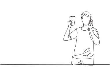 Single continuous line drawing young handsome man drinking orange juice while making phone call with smartphone and having breakfast at home. Dynamic one line draw graphic design vector illustration