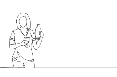 Continuous one line drawing young beautiful woman holding bottle in one hand and glass of orange juice in the other while having breakfast at home. Single line draw design vector graphic illustration