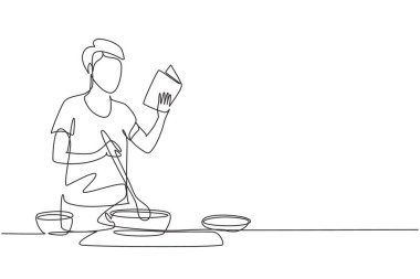 Single continuous line drawing young man cooking while reading book she is holding. Healthy food lifestyle concept. Cooking at home. Prepare food. One line draw graphic design vector illustration