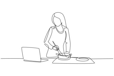 Continuous one line drawing woman cooking dinner has video call conversation in kitchen. Female talking with friend using application on laptop. Single line draw design vector graphic illustration