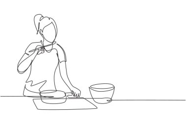 Single continuous line drawing beautiful woman mixing tomato sauce, tasting, and relish meal with wooden spatula. Prepare food at cozy kitchen. Dynamic one line draw graphic design vector illustration