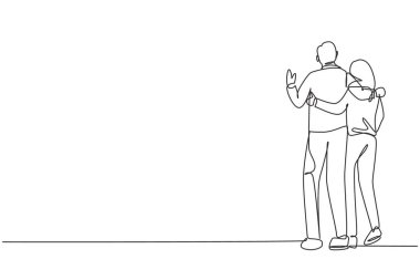 Continuous one line drawing romantic couple holding shoulders warmly. Togetherness of husband and wife after wedding day. Happy family concept. Single line draw design vector graphic illustration