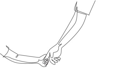 Continuous one line drawing parent holds hand of small child. Childhood with family. Boy have bonding with his father. Hero father and family pride. Single line draw design vector graphic illustration