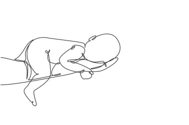 Single one line drawing beautiful new born baby resting on mom's hand. Tiny newborn baby's and female hands. Happy mom and her child. Modern continuous line draw design graphic vector illustration