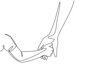 Single one line drawing parent holds hand of small child. Childhood with family. Boy have bonding with his father. Hero father and family pride. Continuous line draw design graphic vector illustration