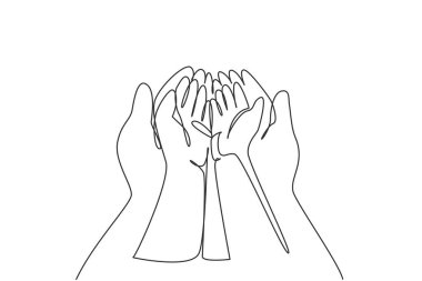 Single continuous line drawing baby hand. Close up of baby hands into mother hands. Tiny Newborn Baby's and female hands. Mom and her child. Dynamic one line draw graphic design vector illustration