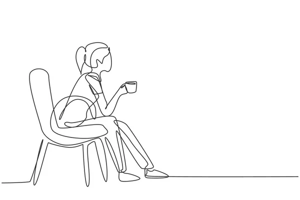 Single Continuous Line Drawing Young Pretty Girl Sitting Modern Chair — Stockový vektor