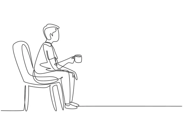 Single Continuous Line Drawing Young Handsome Boy Sitting Modern Chair — Stockvector