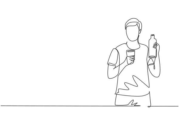 Single Continuous Line Drawing Young Handsome Man Holding Bottle One — Image vectorielle