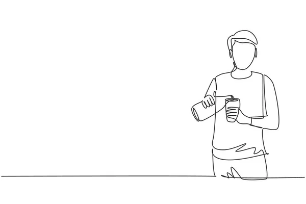 Single Continuous Line Drawing Handsome Male Pouring Orange Juice Glass — Image vectorielle